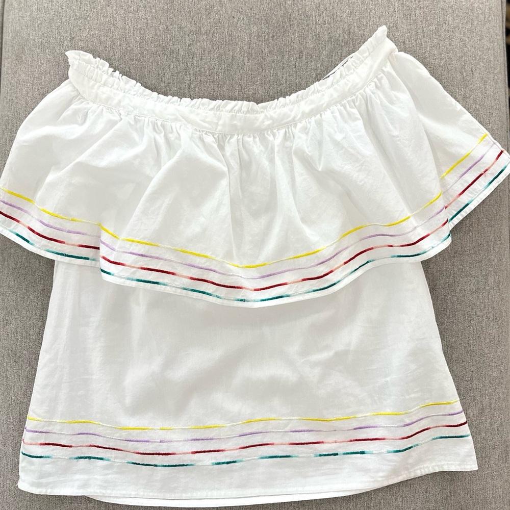 White Off-Shoulder Top with Multicolor embroidered Stripes